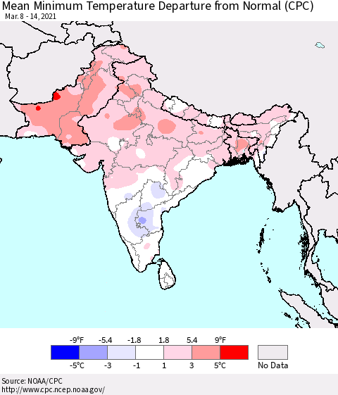 Southern Asia Minimum Temperature Departure From Normal (CPC) Thematic Map For 3/8/2021 - 3/14/2021