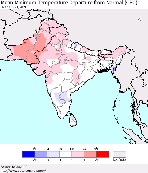 Southern Asia Mean Minimum Temperature Departure from Normal (CPC) Thematic Map For 3/15/2021 - 3/21/2021