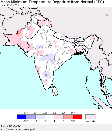 Southern Asia Minimum Temperature Departure From Normal (CPC) Thematic Map For 3/22/2021 - 3/28/2021