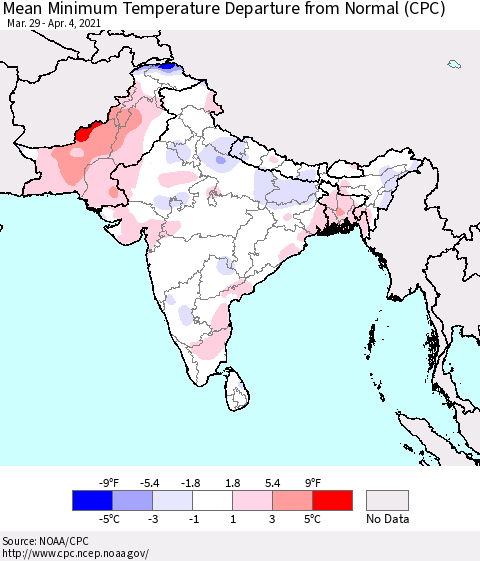 Southern Asia Mean Minimum Temperature Departure from Normal (CPC) Thematic Map For 3/29/2021 - 4/4/2021