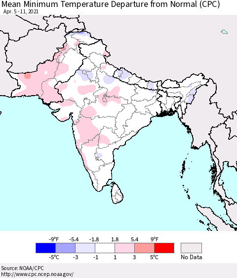 Southern Asia Minimum Temperature Departure From Normal (CPC) Thematic Map For 4/5/2021 - 4/11/2021