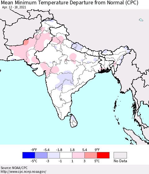 Southern Asia Minimum Temperature Departure From Normal (CPC) Thematic Map For 4/12/2021 - 4/18/2021