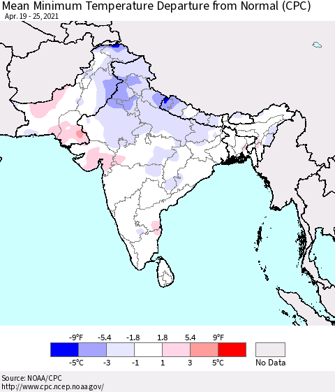 Southern Asia Mean Minimum Temperature Departure from Normal (CPC) Thematic Map For 4/19/2021 - 4/25/2021