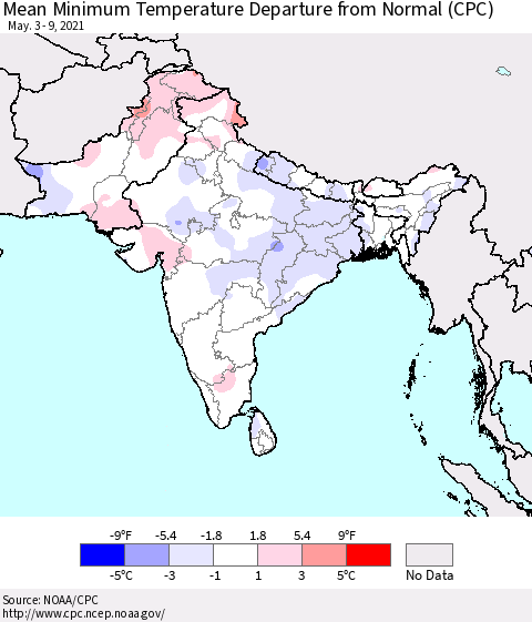 Southern Asia Mean Minimum Temperature Departure from Normal (CPC) Thematic Map For 5/3/2021 - 5/9/2021