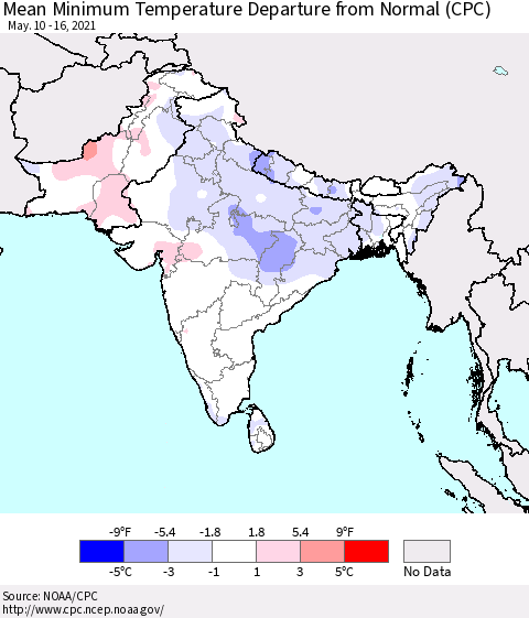 Southern Asia Mean Minimum Temperature Departure from Normal (CPC) Thematic Map For 5/10/2021 - 5/16/2021