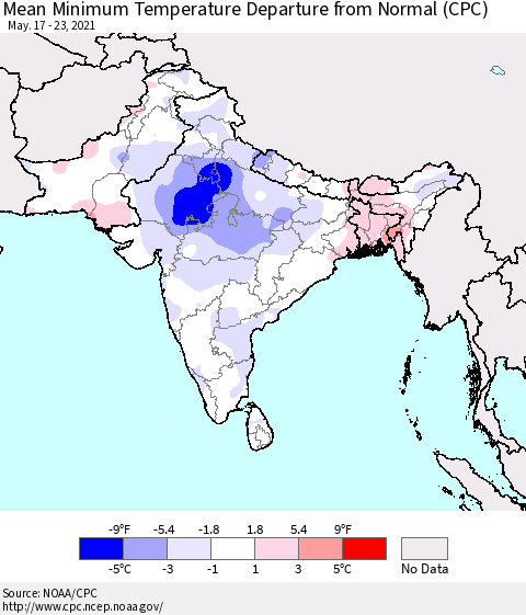 Southern Asia Minimum Temperature Departure From Normal (CPC) Thematic Map For 5/17/2021 - 5/23/2021
