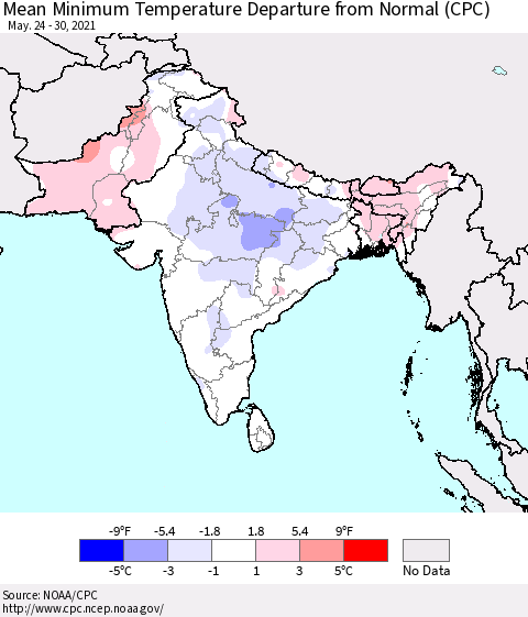 Southern Asia Mean Minimum Temperature Departure from Normal (CPC) Thematic Map For 5/24/2021 - 5/30/2021