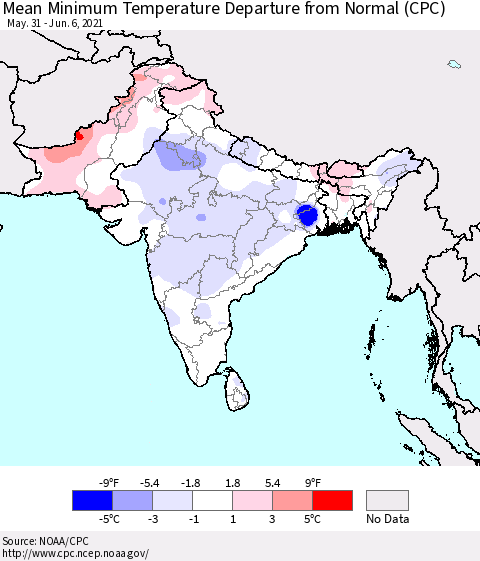 Southern Asia Minimum Temperature Departure From Normal (CPC) Thematic Map For 5/31/2021 - 6/6/2021