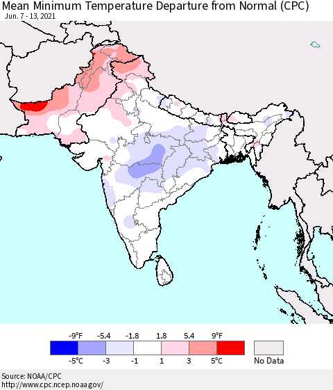 Southern Asia Mean Minimum Temperature Departure from Normal (CPC) Thematic Map For 6/7/2021 - 6/13/2021