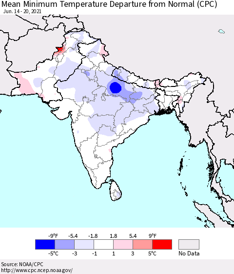 Southern Asia Mean Minimum Temperature Departure from Normal (CPC) Thematic Map For 6/14/2021 - 6/20/2021