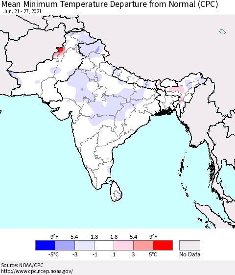 Southern Asia Mean Minimum Temperature Departure from Normal (CPC) Thematic Map For 6/21/2021 - 6/27/2021