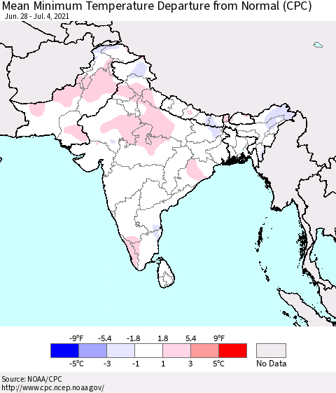 Southern Asia Mean Minimum Temperature Departure from Normal (CPC) Thematic Map For 6/28/2021 - 7/4/2021