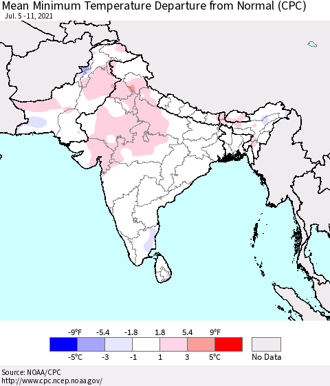 Southern Asia Mean Minimum Temperature Departure from Normal (CPC) Thematic Map For 7/5/2021 - 7/11/2021