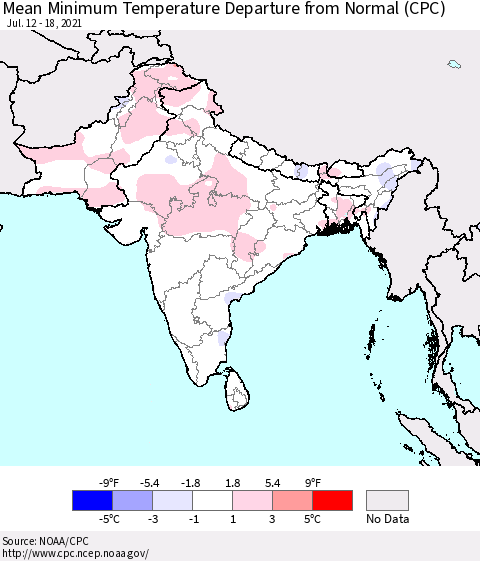 Southern Asia Mean Minimum Temperature Departure from Normal (CPC) Thematic Map For 7/12/2021 - 7/18/2021