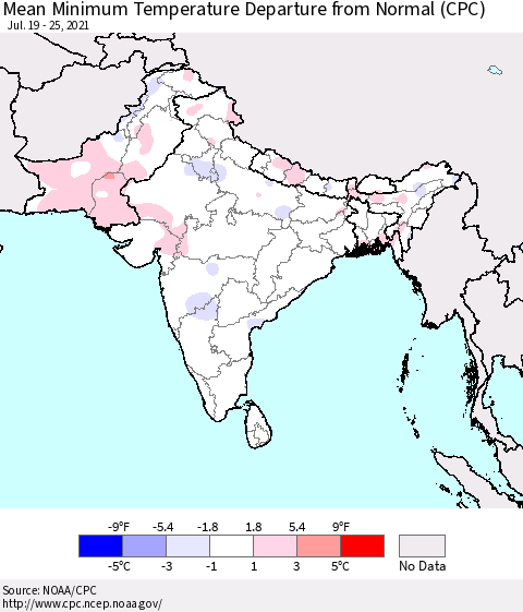 Southern Asia Mean Minimum Temperature Departure from Normal (CPC) Thematic Map For 7/19/2021 - 7/25/2021