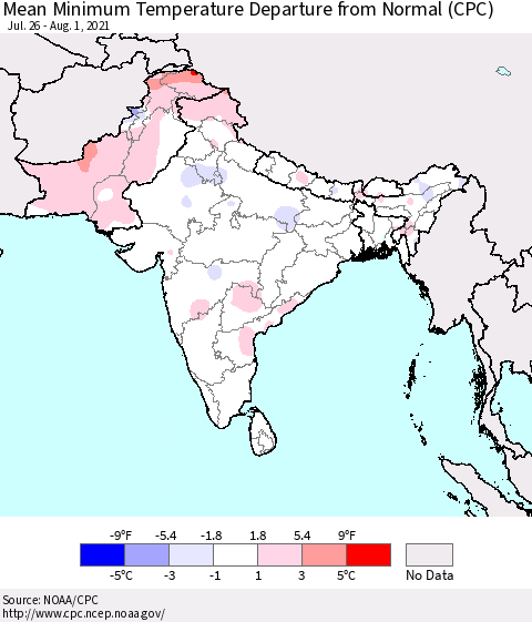 Southern Asia Mean Minimum Temperature Departure from Normal (CPC) Thematic Map For 7/26/2021 - 8/1/2021