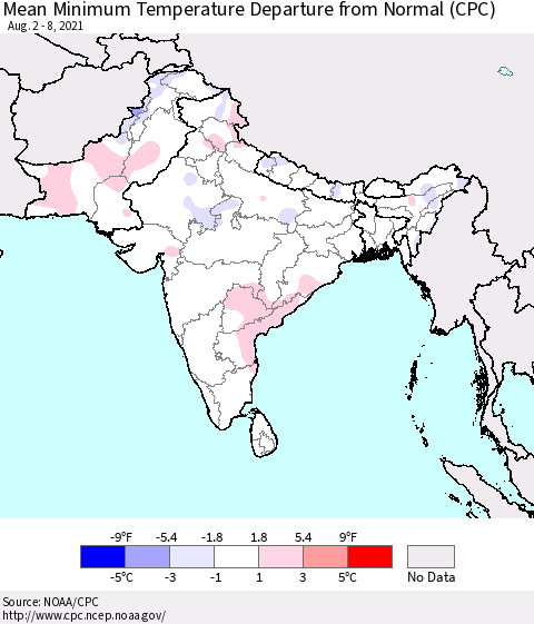 Southern Asia Mean Minimum Temperature Departure from Normal (CPC) Thematic Map For 8/2/2021 - 8/8/2021