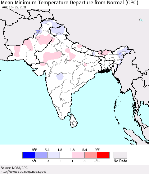 Southern Asia Mean Minimum Temperature Departure from Normal (CPC) Thematic Map For 8/16/2021 - 8/22/2021