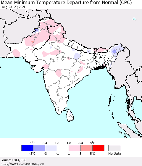 Southern Asia Mean Minimum Temperature Departure from Normal (CPC) Thematic Map For 8/23/2021 - 8/29/2021