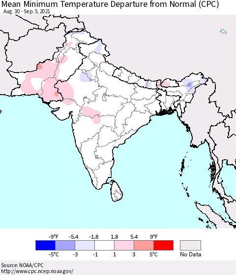 Southern Asia Minimum Temperature Departure From Normal (CPC) Thematic Map For 8/30/2021 - 9/5/2021
