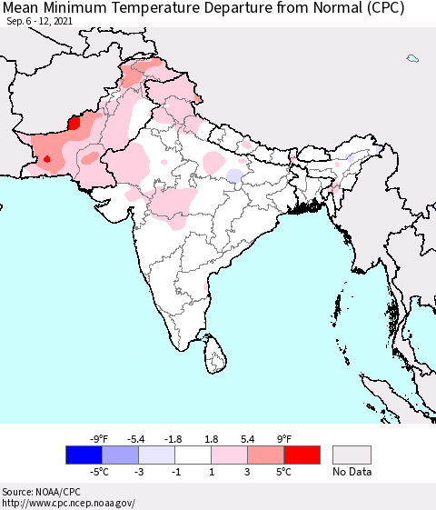 Southern Asia Mean Minimum Temperature Departure from Normal (CPC) Thematic Map For 9/6/2021 - 9/12/2021