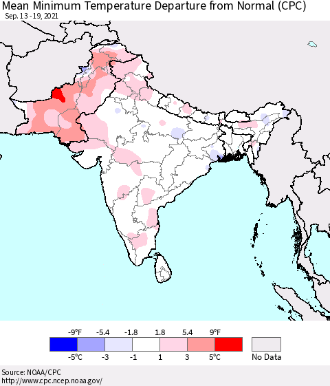 Southern Asia Minimum Temperature Departure From Normal (CPC) Thematic Map For 9/13/2021 - 9/19/2021