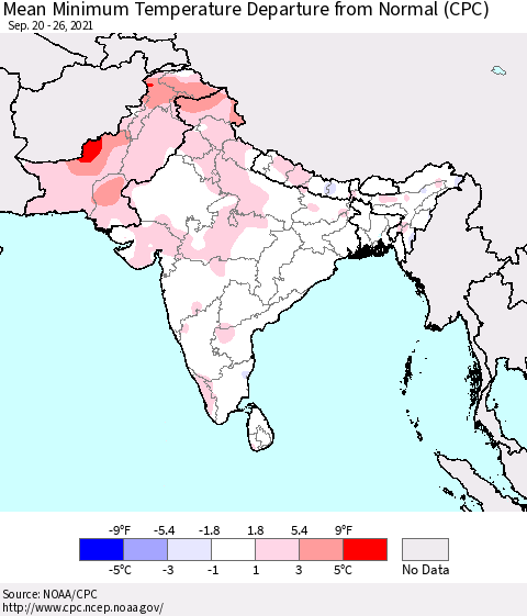 Southern Asia Minimum Temperature Departure From Normal (CPC) Thematic Map For 9/20/2021 - 9/26/2021