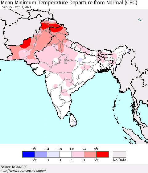 Southern Asia Mean Minimum Temperature Departure from Normal (CPC) Thematic Map For 9/27/2021 - 10/3/2021