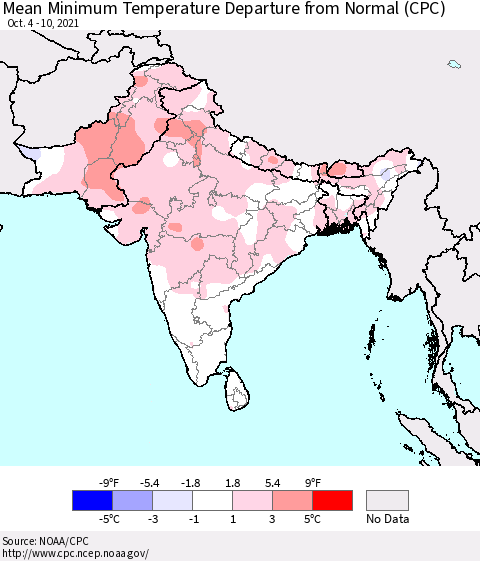 Southern Asia Mean Minimum Temperature Departure from Normal (CPC) Thematic Map For 10/4/2021 - 10/10/2021