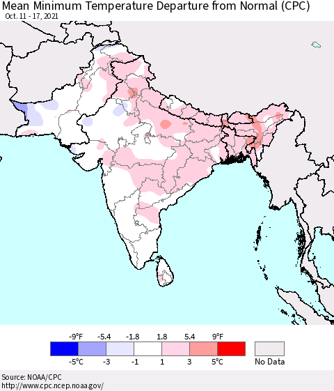 Southern Asia Minimum Temperature Departure From Normal (CPC) Thematic Map For 10/11/2021 - 10/17/2021
