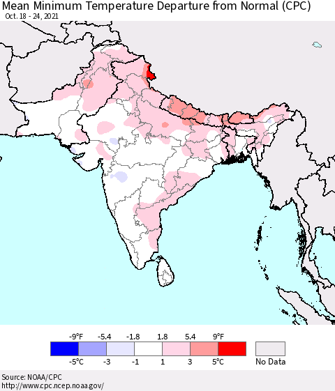 Southern Asia Minimum Temperature Departure From Normal (CPC) Thematic Map For 10/18/2021 - 10/24/2021