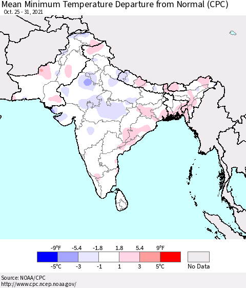 Southern Asia Mean Minimum Temperature Departure from Normal (CPC) Thematic Map For 10/25/2021 - 10/31/2021