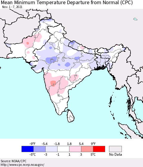 Southern Asia Minimum Temperature Departure From Normal (CPC) Thematic Map For 11/1/2021 - 11/7/2021