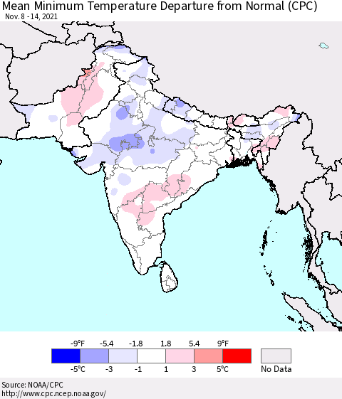 Southern Asia Mean Minimum Temperature Departure from Normal (CPC) Thematic Map For 11/8/2021 - 11/14/2021