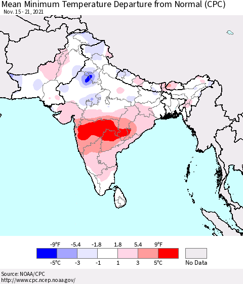 Southern Asia Mean Minimum Temperature Departure from Normal (CPC) Thematic Map For 11/15/2021 - 11/21/2021