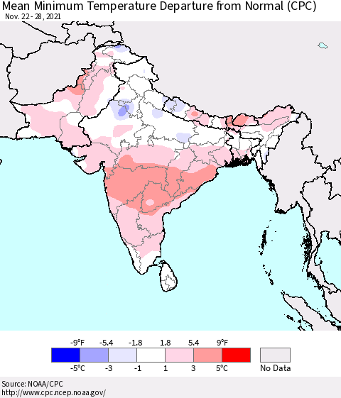Southern Asia Mean Minimum Temperature Departure from Normal (CPC) Thematic Map For 11/22/2021 - 11/28/2021