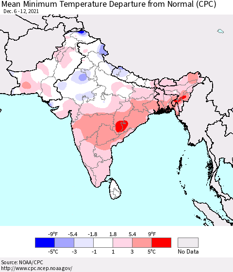 Southern Asia Mean Minimum Temperature Departure from Normal (CPC) Thematic Map For 12/6/2021 - 12/12/2021