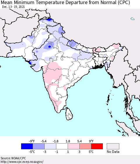 Southern Asia Mean Minimum Temperature Departure from Normal (CPC) Thematic Map For 12/13/2021 - 12/19/2021