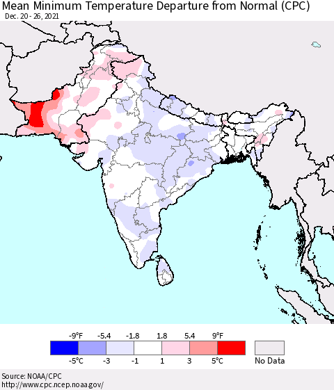 Southern Asia Minimum Temperature Departure From Normal (CPC) Thematic Map For 12/20/2021 - 12/26/2021