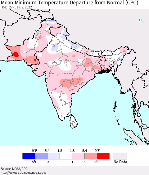 Southern Asia Mean Minimum Temperature Departure from Normal (CPC) Thematic Map For 12/27/2021 - 1/2/2022