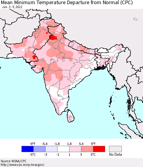 Southern Asia Mean Minimum Temperature Departure from Normal (CPC) Thematic Map For 1/3/2022 - 1/9/2022