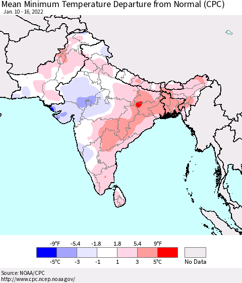 Southern Asia Mean Minimum Temperature Departure from Normal (CPC) Thematic Map For 1/10/2022 - 1/16/2022