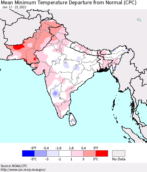 Southern Asia Mean Minimum Temperature Departure from Normal (CPC) Thematic Map For 1/17/2022 - 1/23/2022