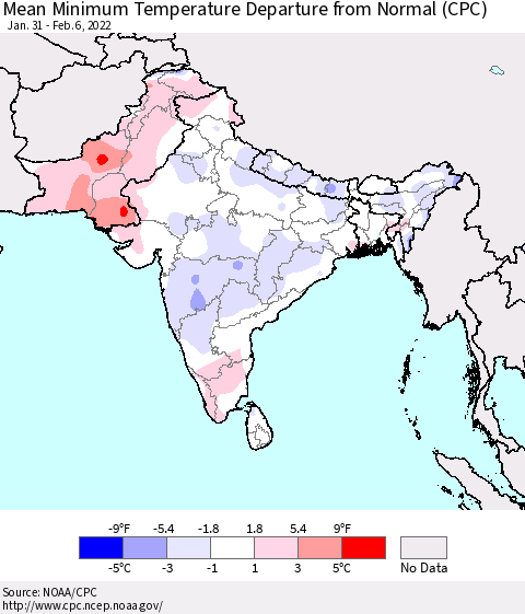 Southern Asia Mean Minimum Temperature Departure from Normal (CPC) Thematic Map For 1/31/2022 - 2/6/2022