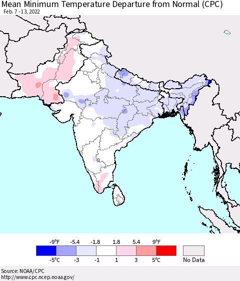 Southern Asia Mean Minimum Temperature Departure from Normal (CPC) Thematic Map For 2/7/2022 - 2/13/2022