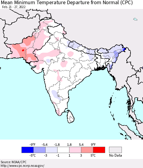 Southern Asia Mean Minimum Temperature Departure from Normal (CPC) Thematic Map For 2/21/2022 - 2/27/2022