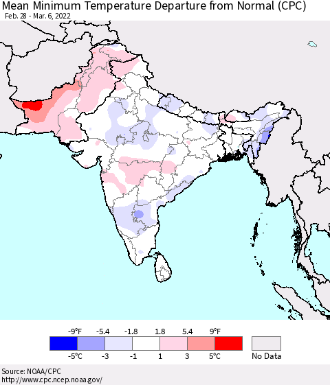 Southern Asia Mean Minimum Temperature Departure from Normal (CPC) Thematic Map For 2/28/2022 - 3/6/2022
