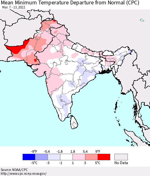 Southern Asia Mean Minimum Temperature Departure from Normal (CPC) Thematic Map For 3/7/2022 - 3/13/2022