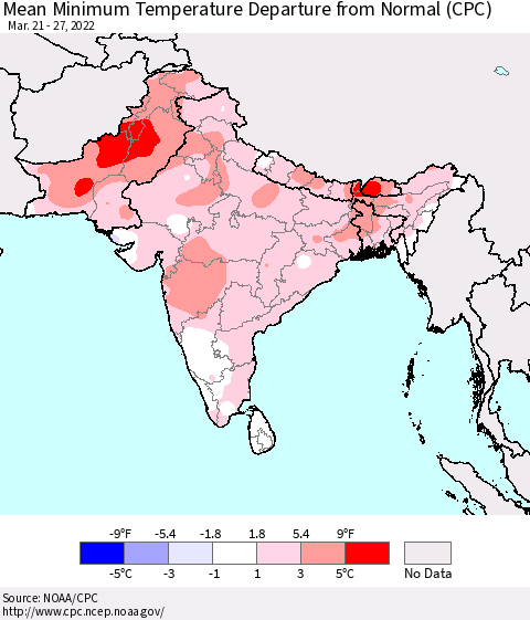 Southern Asia Mean Minimum Temperature Departure from Normal (CPC) Thematic Map For 3/21/2022 - 3/27/2022