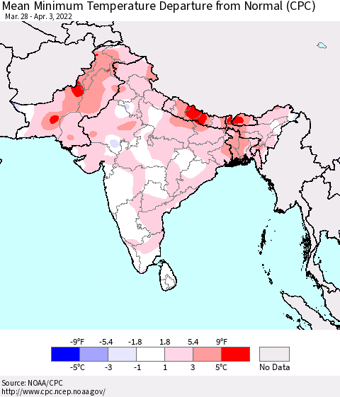 Southern Asia Mean Minimum Temperature Departure from Normal (CPC) Thematic Map For 3/28/2022 - 4/3/2022